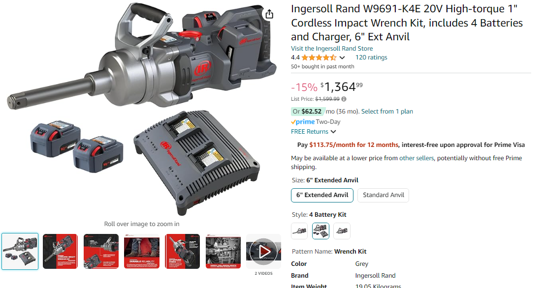 Ingersoll Rand W9691-K4E 20V High-torque 1" Cordless Impact Wrench Kit, includes 3 Batteries and 2 Chargers