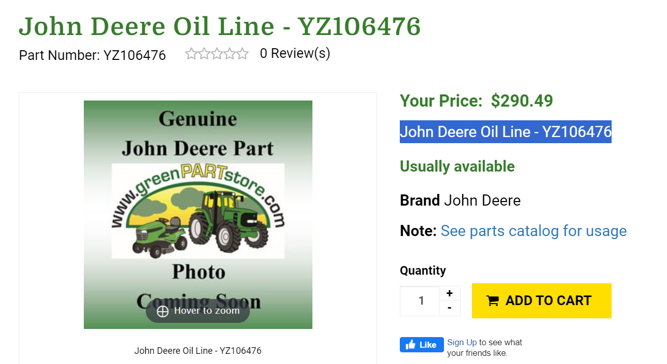 John Deere YZ106476 Oil Line