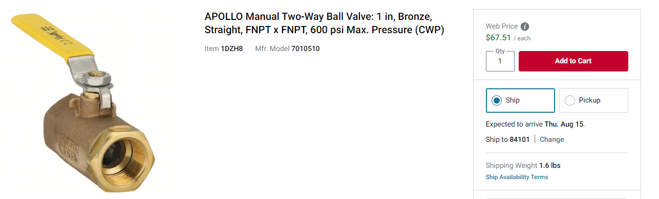 APOLLO Manual Two-Way Ball Valve: 1 in, Bronze, Straight, FNPT x FNPT, 600 psi Max. Pressure (CWP)