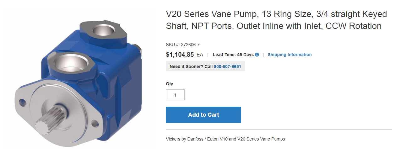 GENUINE Eaton Vickers V20 Series Vane Pump 13 Ring Size 3/4 straight Keyed Shaft NPT Ports Outlet Inline with Inlet CCW Rotation 372606-7 V20 1P13P 1C11