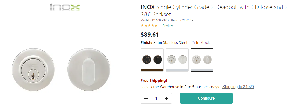 INOX CD Deadbolt Single Cylinder 2-1/2 in. Round Escutcheon Satin Stainless Steel 2-3/8 BS - CD110B6-32