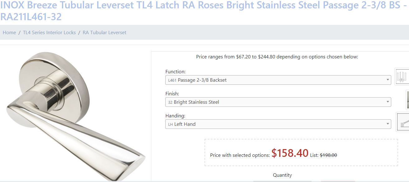 INOX Breeze Tubular Leverset TL4 Latch RA Roses Bright Stainless Steel Passage 2-3/8 BS - RA211L461-32