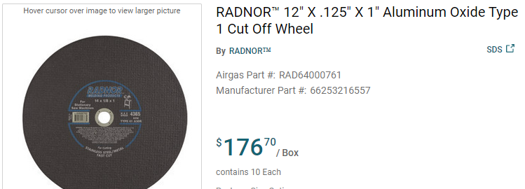 X 1/8" X 1" A30R Aluminum Oxide Type 1 Reinforced Cut Off Wheel For Use With Stationary Saw On Metal 10 pack