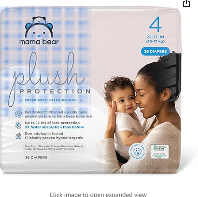 Amazon Brand - Mama Bear Plush Protection Diapers - Size 4, 36 Count, Hypoallergenic Premium Disposable Baby Diapers, White and Cloud Dreams