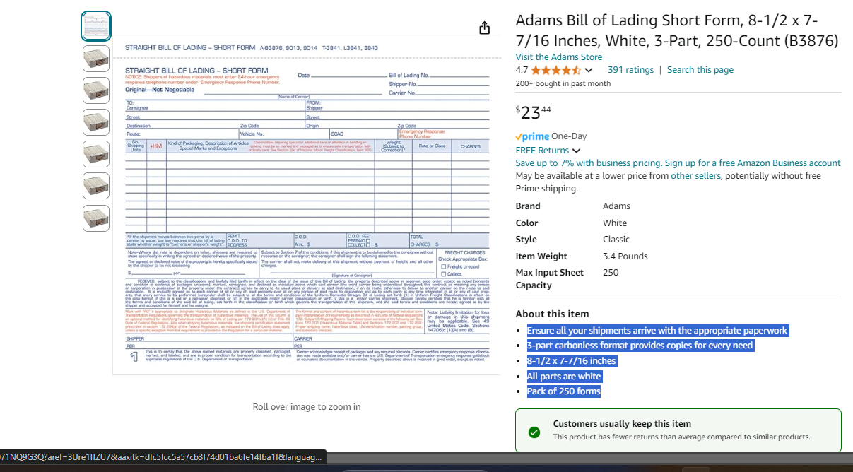 Adams Bill of Lading Short Form, 8-1/2 x 7-7/16 Inches, White, 3-Part, 250-Count (B3876)