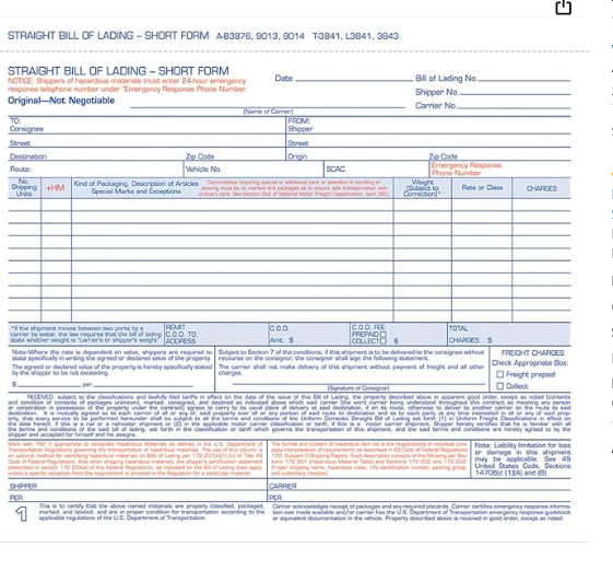 Adams Bill of Lading Short Form, 8-1/2 x 7-7/16 Inches, White, 3-Part, 250-Count (B3876)