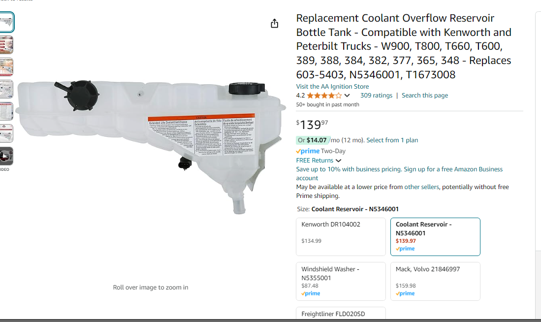 Replacement Coolant Overflow Reservoir Bottle Tank - Compatible with Kenworth and Peterbilt Trucks - W900, T800, T660, T600, 389, 388, 384, 382, 377, 365, 348 - Replaces 603-5403, N5346001, T1673008