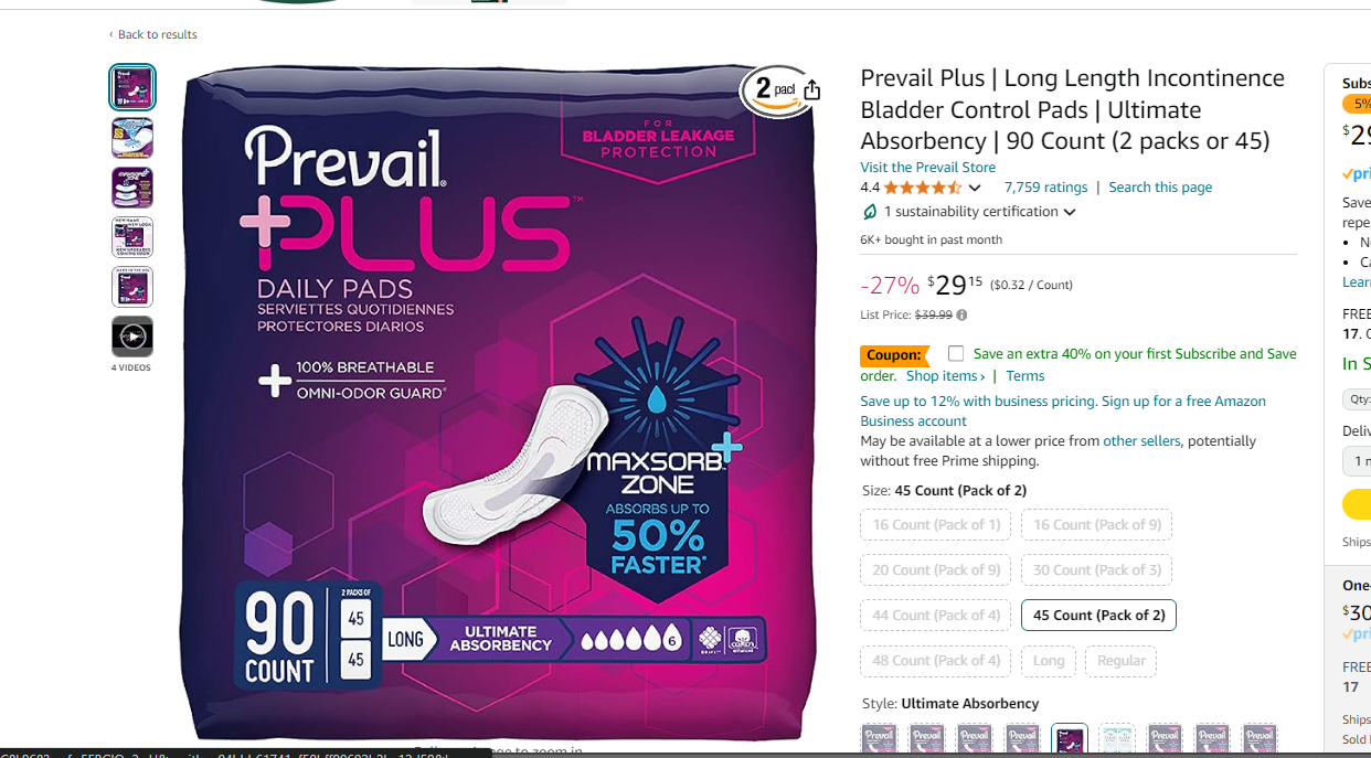 Prevail Plus | Long Length Incontinence Bladder Control Pads | Ultimate Absorbency | 90 Count (2 packs or 45)