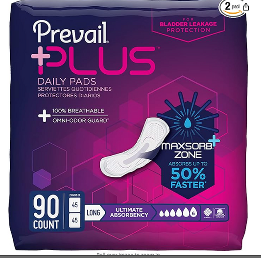 Prevail Plus | Long Length Incontinence Bladder Control Pads | Ultimate Absorbency | 90 Count (2 packs or 45)