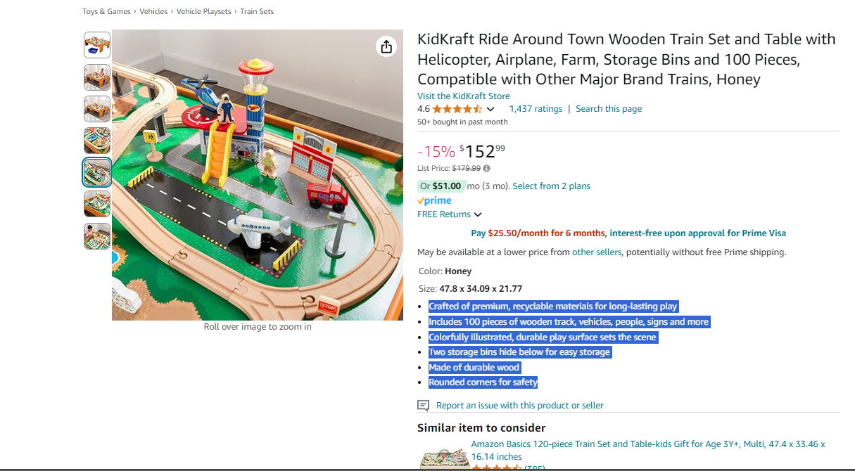 KidKraft Ride Around Town Wooden Train Set and Table with Helicopter, Airplane, Farm, Storage Bins and 100 Pieces, Compatible with Other Major Brand Trains, Honey