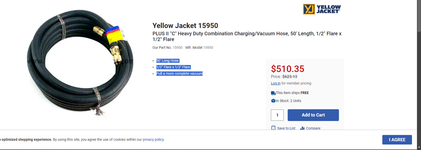 Yellow Jacket 15950 Yellow Jacket PLUS II "C" Heavy Duty Combination Charging/Vacuum Hose, 50' Length, 1/2" Flare x 1/2" Flare