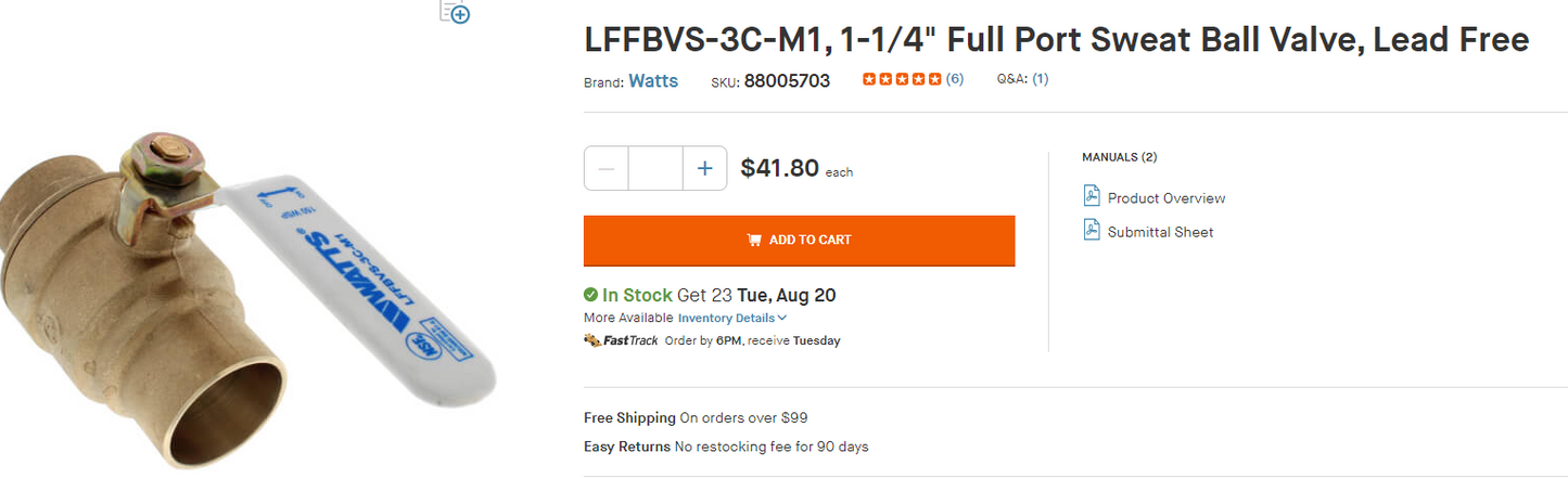 Watts LFFBVS-3C-M1, 1-1/4" Full Port Sweat Ball Valve, Lead Free