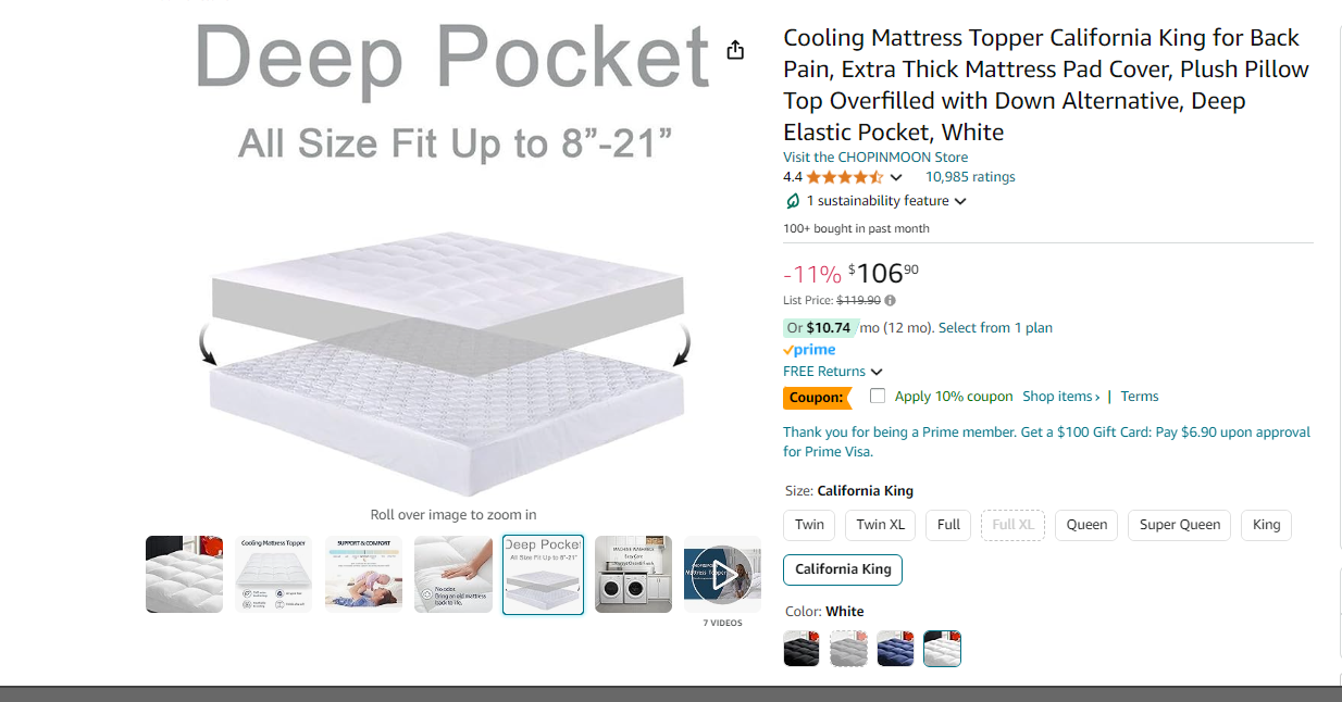 Cooling Mattress Topper California King for Back Pain, Extra Thick Mattress Pad Cover, Plush Pillow Top Overfilled with Down Alternative