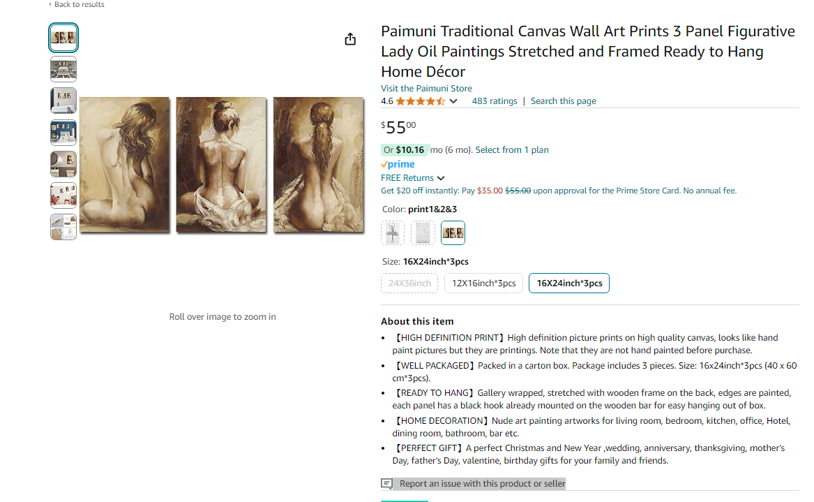 Paimuni Traditional Canvas Wall Art Prints 3 Panel Figurative Lady Oil Paintings Stretched and Framed Ready to Hang Home Décor