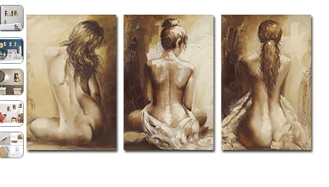 Paimuni Traditional Canvas Wall Art Prints 3 Panel Figurative Lady Oil Paintings Stretched and Framed Ready to Hang Home Décor