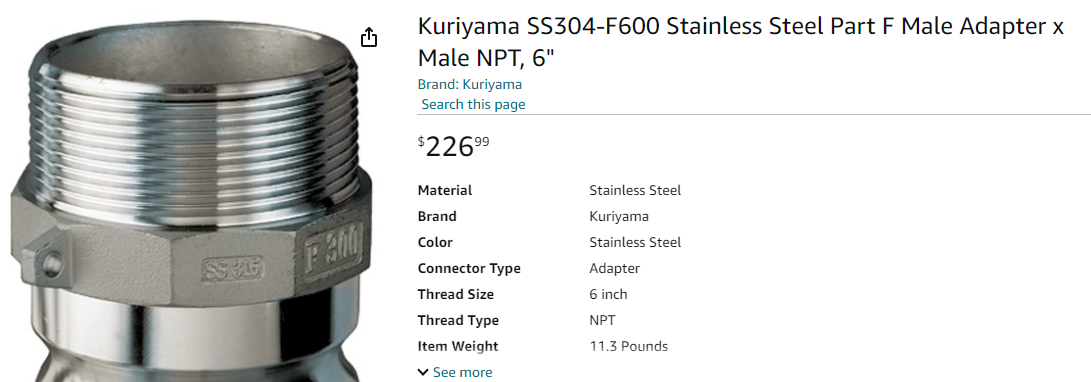 SS304-F600 by Kuriyama Coupling Part F 6" Male Adapter 304 Stainless Steel