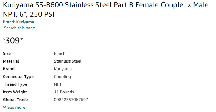 Kuriyama SS304-B600, 6 in. Size Stainless Steel Part B Female Coupler x Male NPT