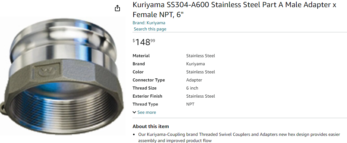 Kuriyama SS304-A600, 6 in. Size Stainless Steel Part A Male Coupler x Female NPT