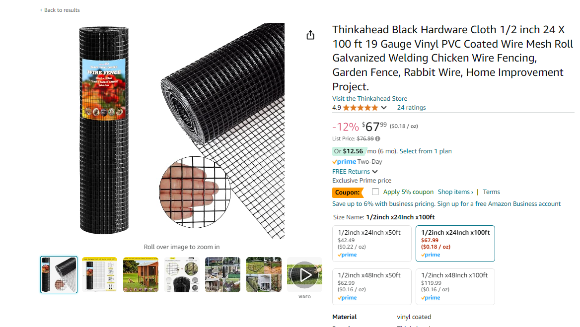 Thinkahead Black Hardware Cloth 1/2 inch 24 X 100 ft 19 Gauge Vinyl PVC Coated Wire Mesh Roll Galvanized Welding Chicken Wire Fencing