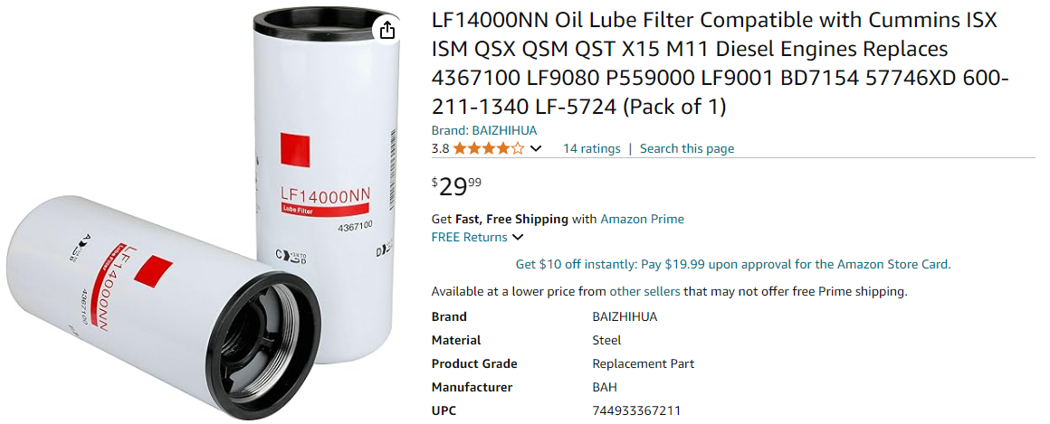 Fleetguard LF14000NN Oil Lube Filter Compatible