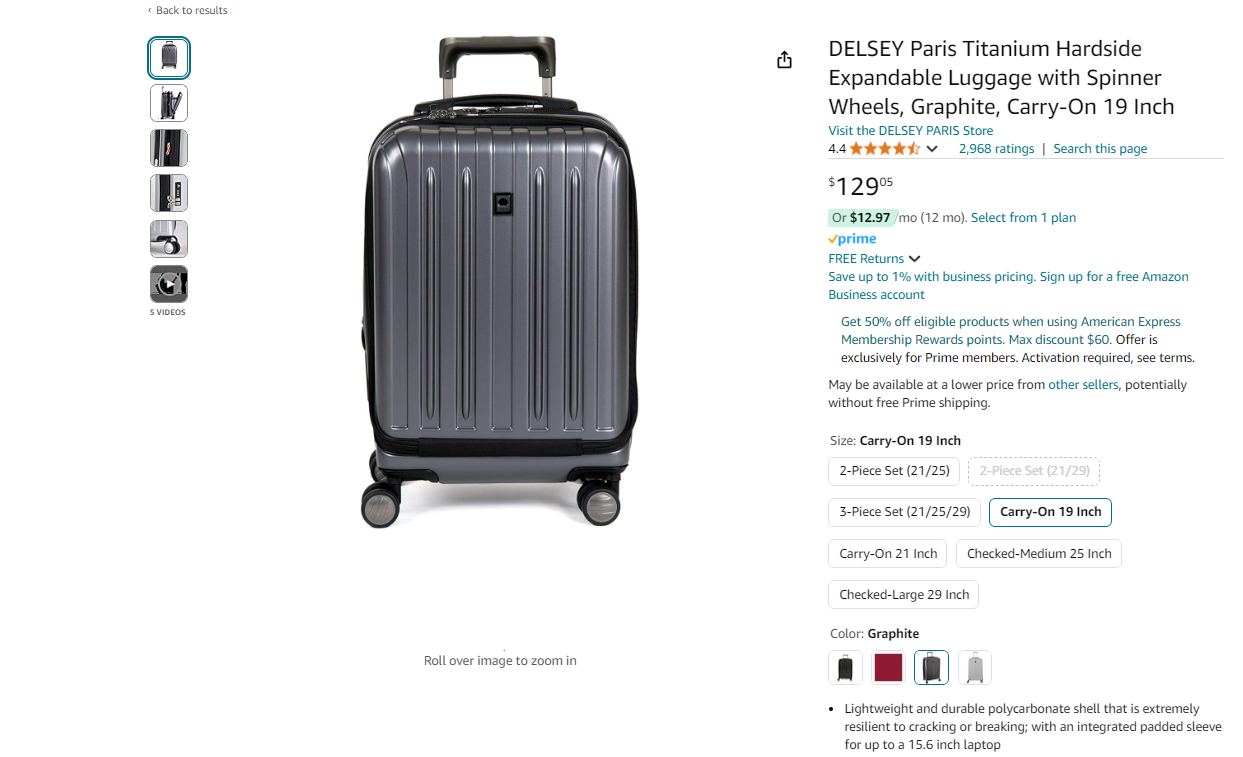 DELSEY Paris Titanium Hardside Expandable Luggage with Spinner Wheels, Graphite, Carry-On 19 In