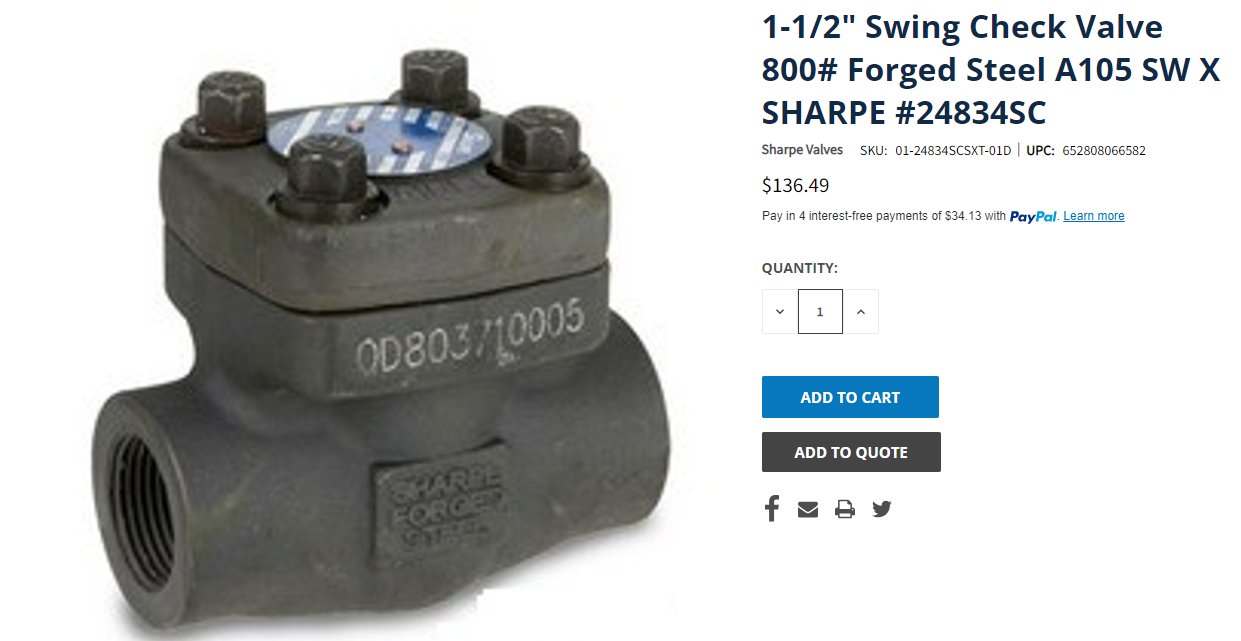 SHARPE1-1/2" Swing Check Valve 800# Forged Steel A105