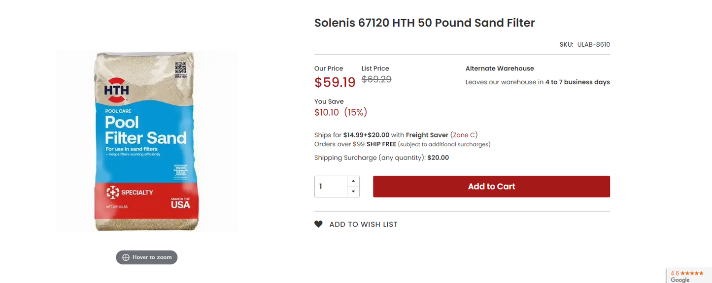 Solenis 67120 HTH 50 Pound Sand Filter