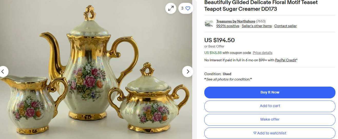 Beautifully Gilded Delicate Floral Motif Teaset Teapot Sugar Creamer