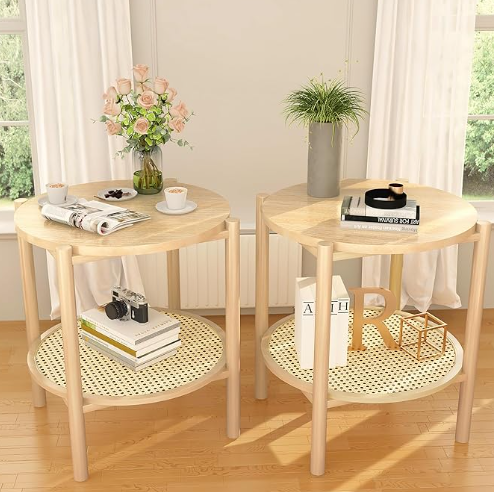 Lamerge Rattan Nightstand Set of 2 End Table Solid Wood