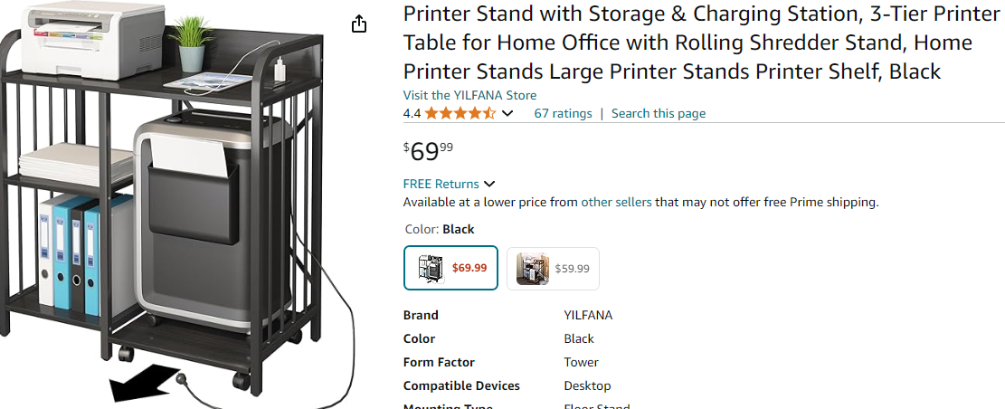 Printer Stand Storage Charging Station 3-Tier  Black