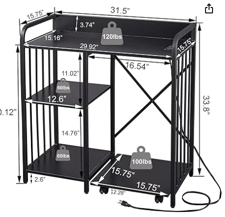 Printer Stand Storage Charging Station 3-Tier  Black