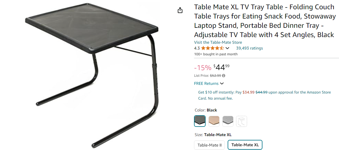 Table Mate XL TV Laptop Dinner Tray Black