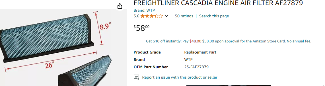 FREIGHTLINER CASCADIA ENGINE AIR FILTER AF27879