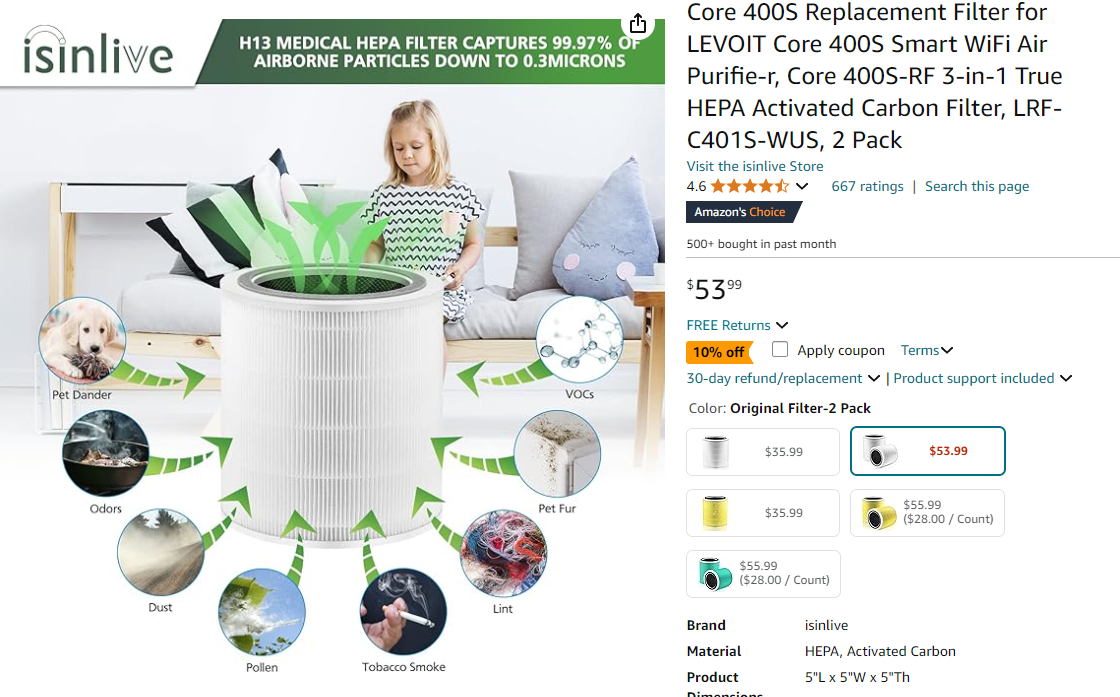 Core 400S Filter LEVOIT Smart WiFi Air Purifie-r 2 PACK