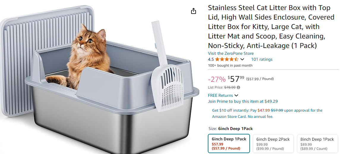 VUNEXO Stainless Steel Cat Litter Box with Top Lid, High Wall Sides Enclosure, Covered Litter Box for Kitty, Large Cat, with Litter Mat and Scoop, Easy Cleaning, Non-Sticky, Anti-Leakage (1 Pack)