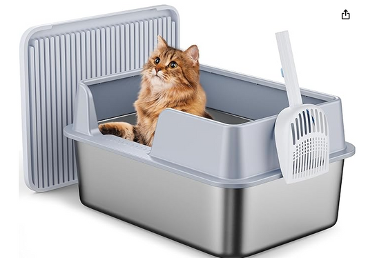 VUNEXO Stainless Steel Cat Litter Box with Top Lid, High Wall Sides Enclosure, Covered Litter Box for Kitty, Large Cat, with Litter Mat and Scoop, Easy Cleaning, Non-Sticky, Anti-Leakage (1 Pack)