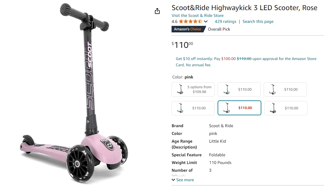 Scoot&Ride Highwaykick 3 LED Scooter, Rose