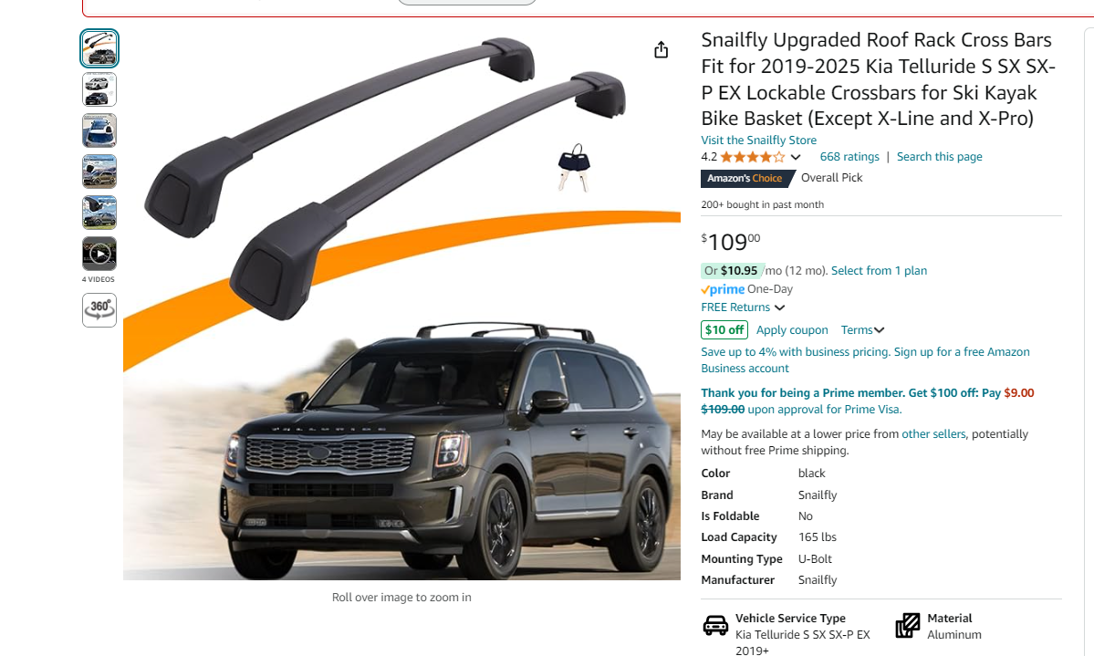 Snailfly Upgraded Roof Rack Cross Bars Fit for 2019-2025 Kia Telluride S SX SX-P EX Lockable Crossbars for Ski Kayak Bike Basket