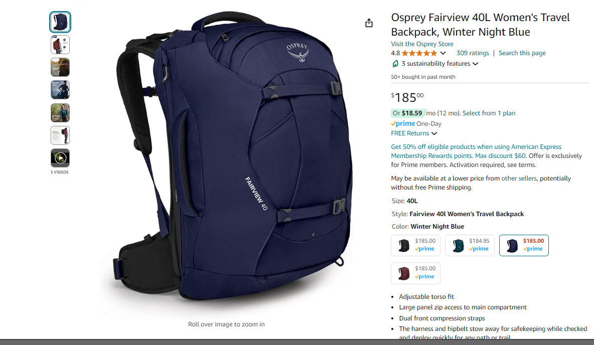Osprey Fairview 40L Women's Travel Backpack, Winter Night Blue