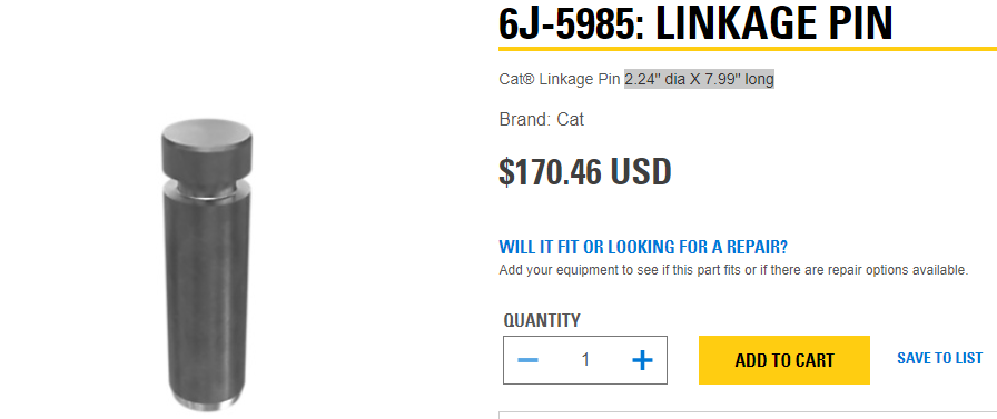 CATERPILLAR CAT GENUINE 6J-5985 Linkage Pin 2.24" dia X 7.99" long