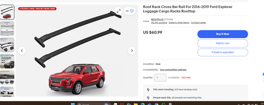 Roof Rack Cross Bar Rail For 2016-2019 Ford Explorer Luggage Cargo Racks Rooftop