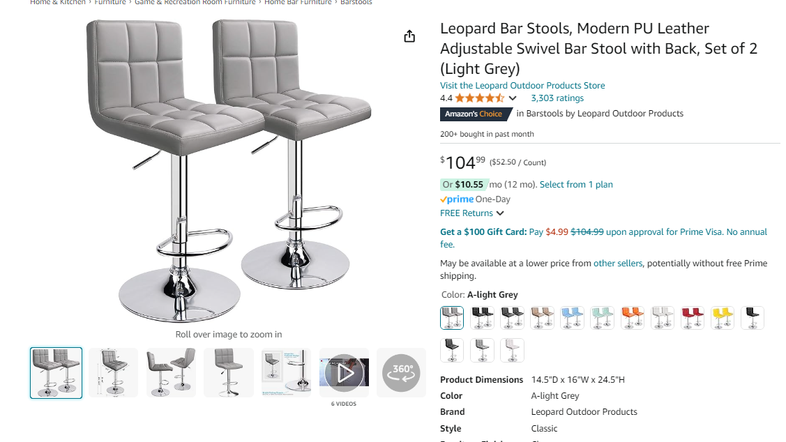 Leopard Bar Stools, Modern PU Leather Adjustable Swivel Bar Stool with Back, Set of 2 (Light Grey)