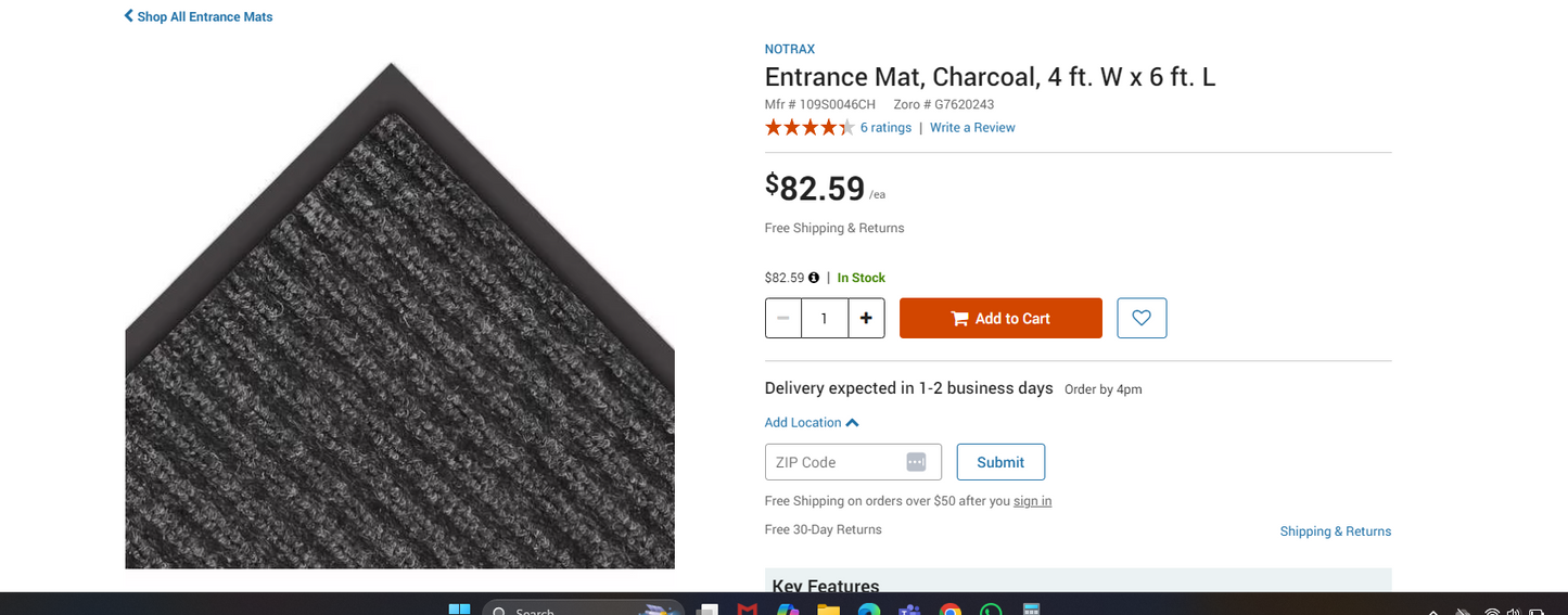 Notrax Entrance Mat, Charcoal, 4 ft. W x 6 ft. L