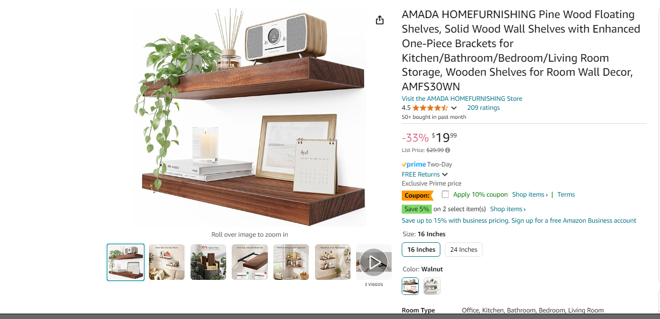 AMADA HOMEFURNISHING Pine Wood Floating Shelves, Solid Wood Wall Shelves with Enhanced One-Piece Brackets