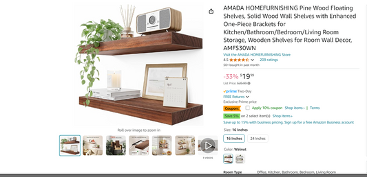 AMADA HOMEFURNISHING Pine Wood Floating Shelves, Solid Wood Wall Shelves with Enhanced One-Piece Brackets