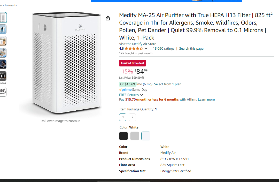 Medify MA-25 Air Purifier with True HEPA H13 Filter | 825 ft² Coverage in 1hr for AllergensQuiet 99.9% Removal to 0.1 Microns | White, 1-Pack