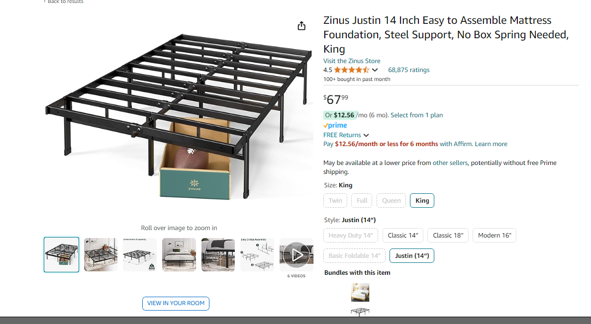 Zinus Justin 14 Inch Easy to Assemble Mattress Foundation, Steel Support, No Box Spring Needed, King