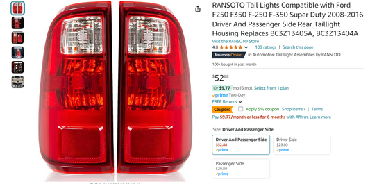 RANSOTO Tail Lights Compatible with Ford F250 F350 F-250 F-350 Super Duty 2008-2016 Driver And Passenger Side Rear Taillight Housing