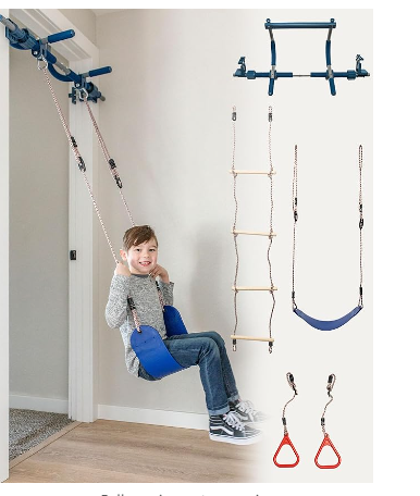 Gym1 4-Piece Doorway Swing Set includes Sensory Swing for Kids, Indoor Pull Up Bar for Adults, Rings for Grip Power, Agility Ladder.