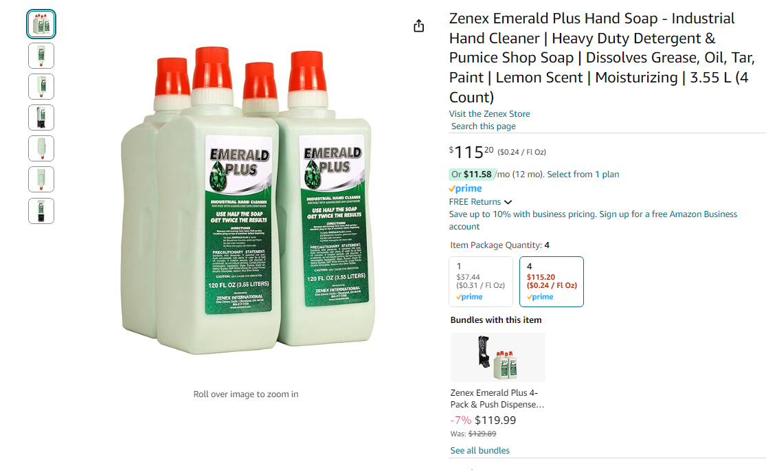 Zenex Emerald Plus Hand Soap - Industrial Hand Cleaner | Heavy Duty Detergent & Pumice Shop Soap | Dissolves Grease, Oil, Tar, Paint | Lemon Scent | Moisturizing | 3.55 L (4 Count)